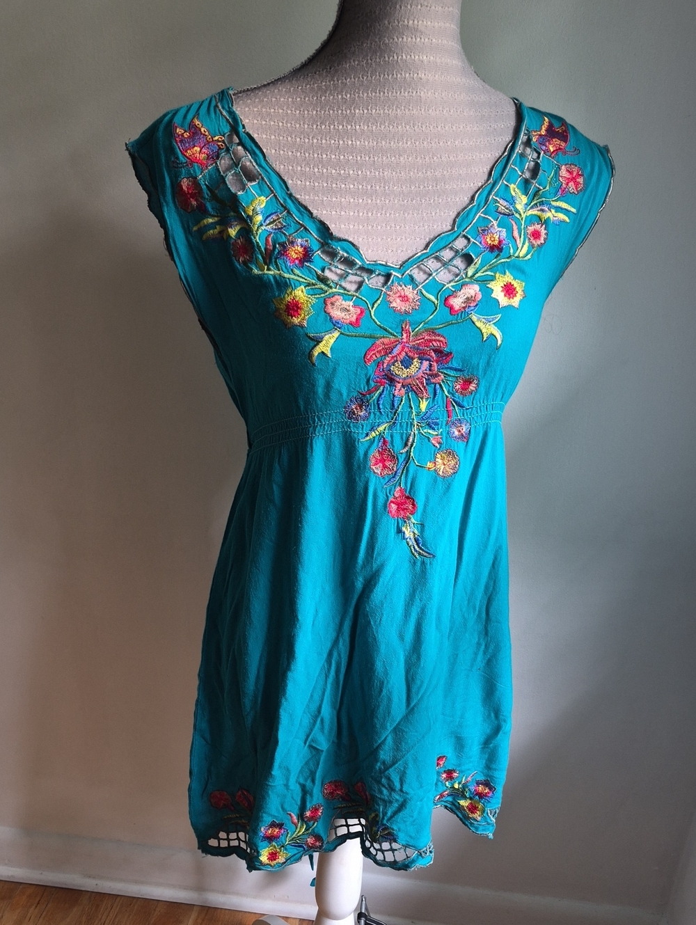Embroidered V-Neck Mini Dress in Turquoise
